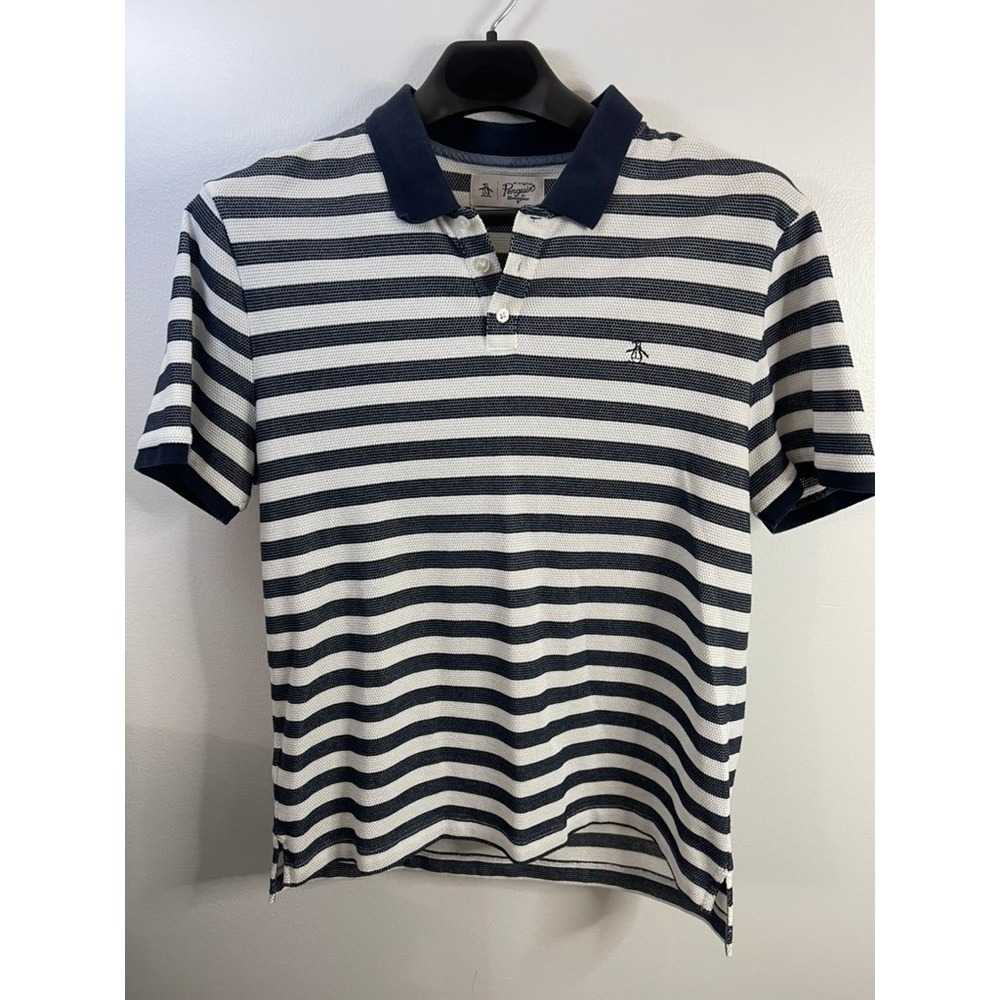 Original Penguin Mens Polo Shirt Navy White Stripe Short Sleeve Logo XL